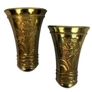Homco Floral Embossed Wall Pockets Vases 1985 Goldtone Plastic 9.5 inch